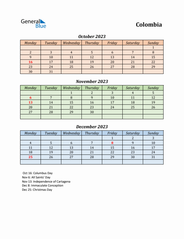 Q4 2023 Holiday Calendar - Colombia