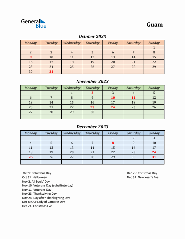 Q4 2023 Holiday Calendar - Guam