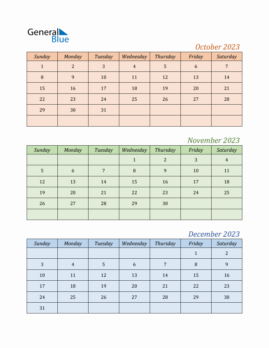 Three-Month Calendar for Year 2023 (October, November, and December)