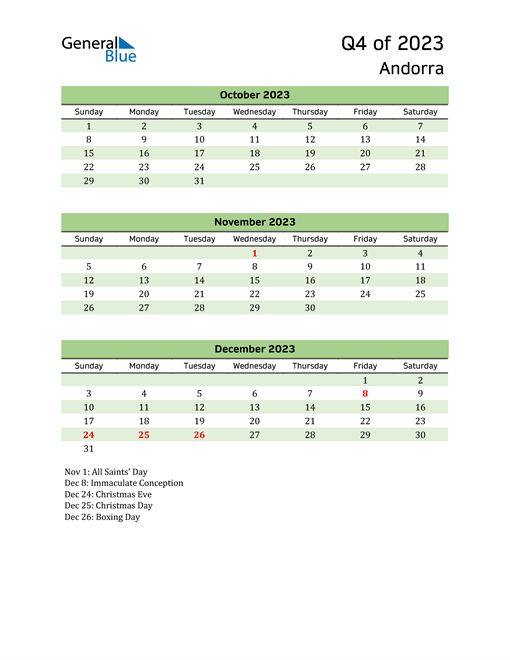  Quarterly Calendar 2023 with Andorra Holidays 