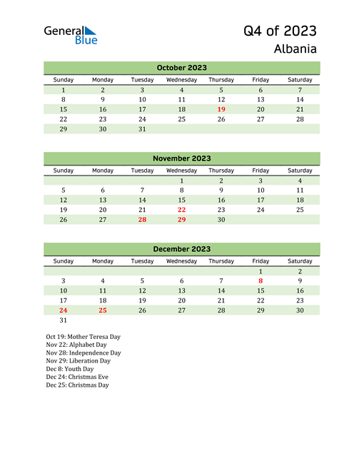  Quarterly Calendar 2023 with Albania Holidays 