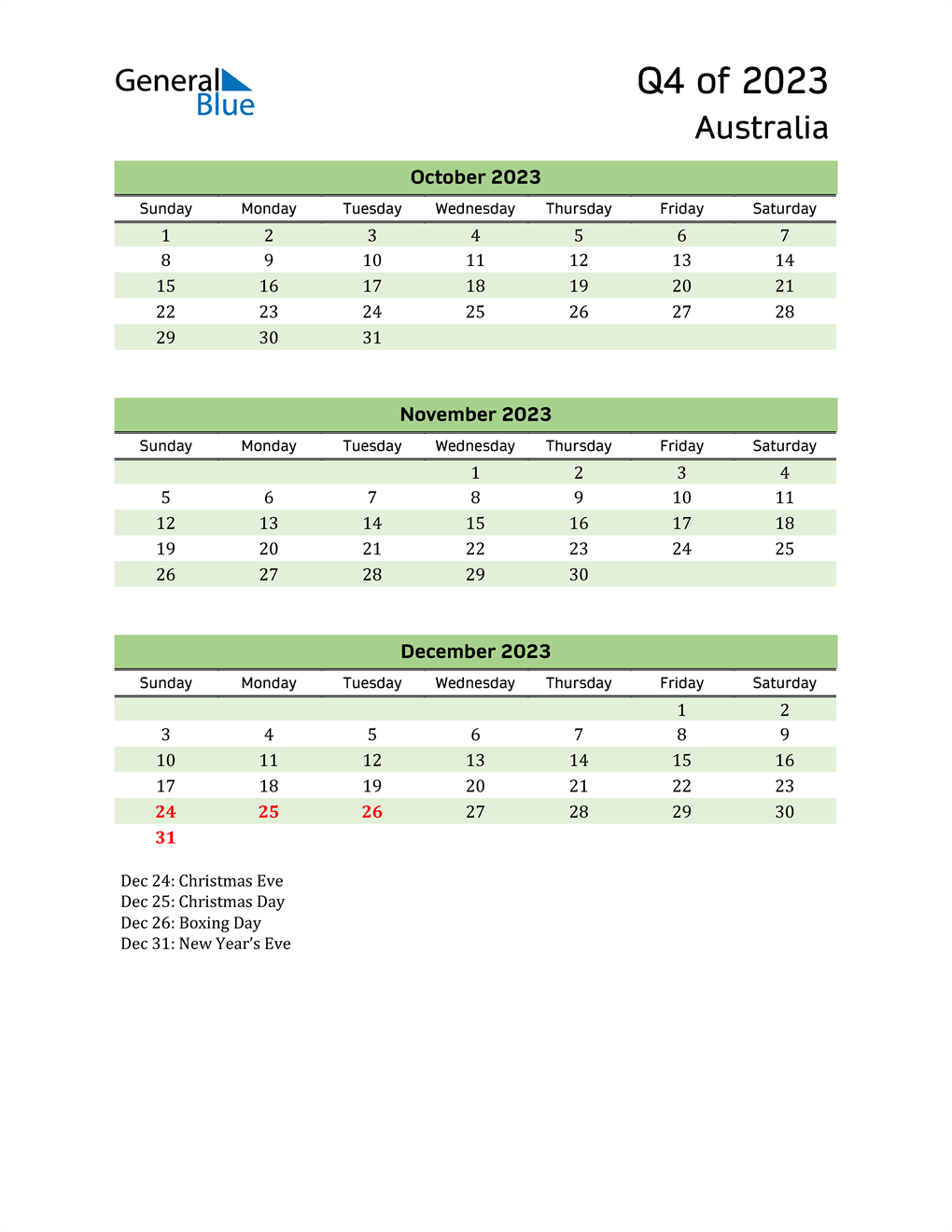 Q4 2023 Quarterly Calendar with Australia Holidays