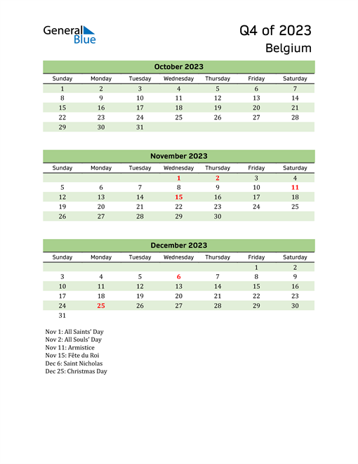  Quarterly Calendar 2023 with Belgium Holidays 