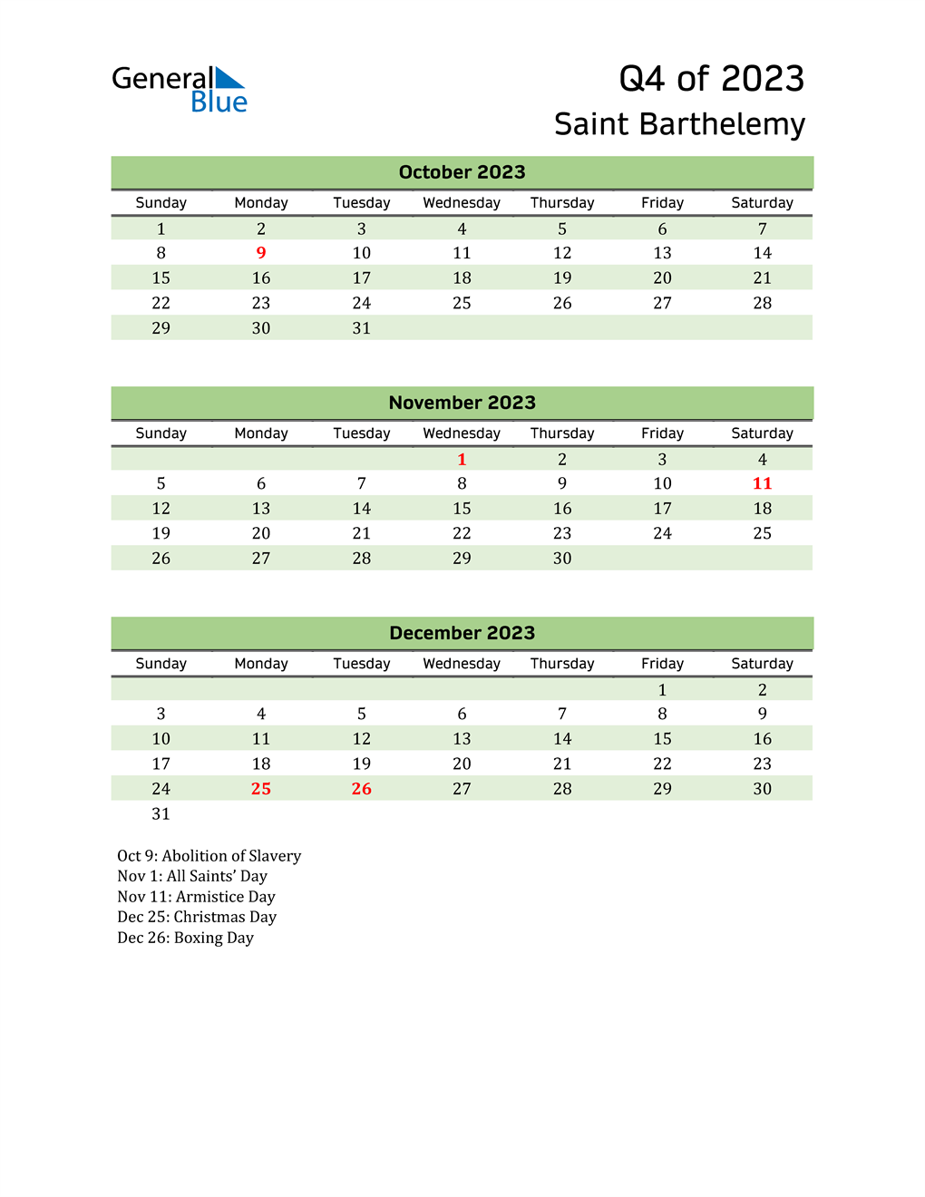  Quarterly Calendar 2023 with Saint Barthelemy Holidays 