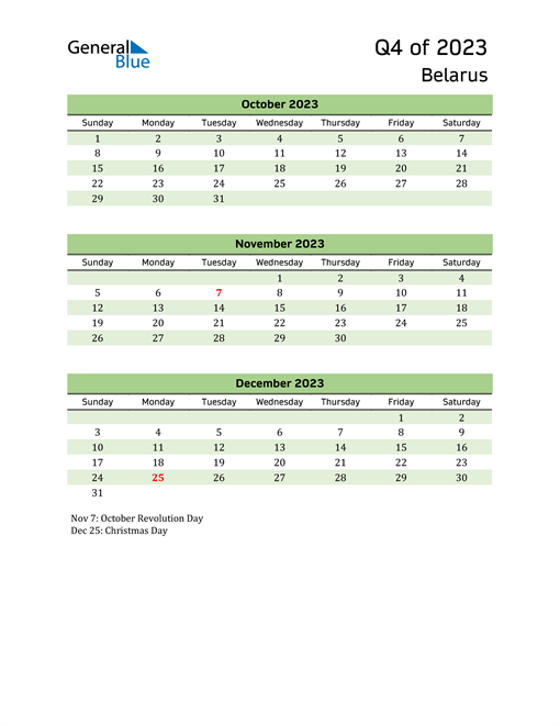  Quarterly Calendar 2023 with Belarus Holidays 