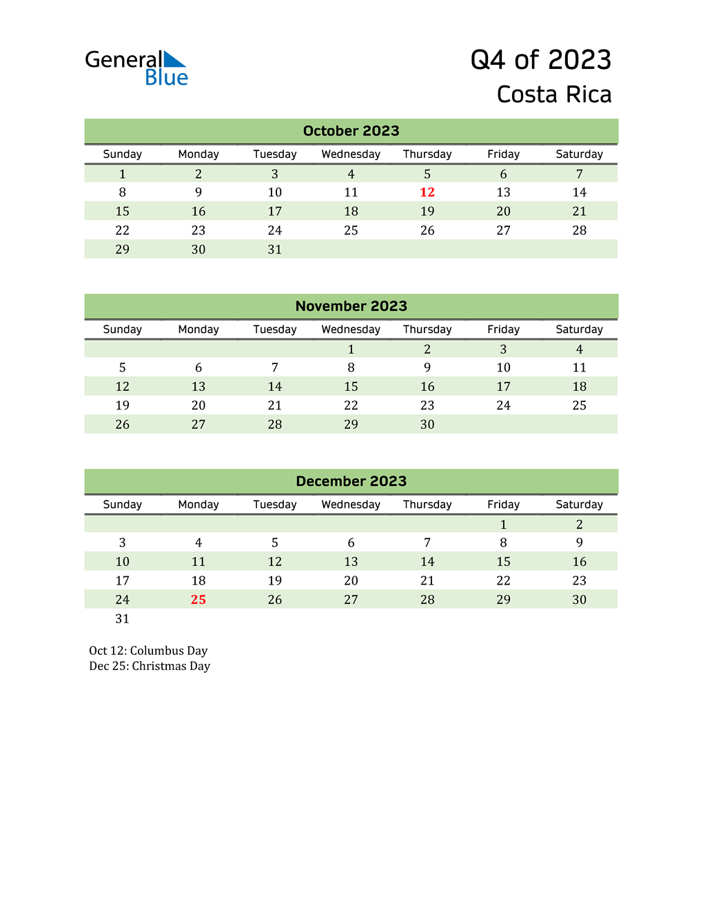  Quarterly Calendar 2023 with Costa Rica Holidays 