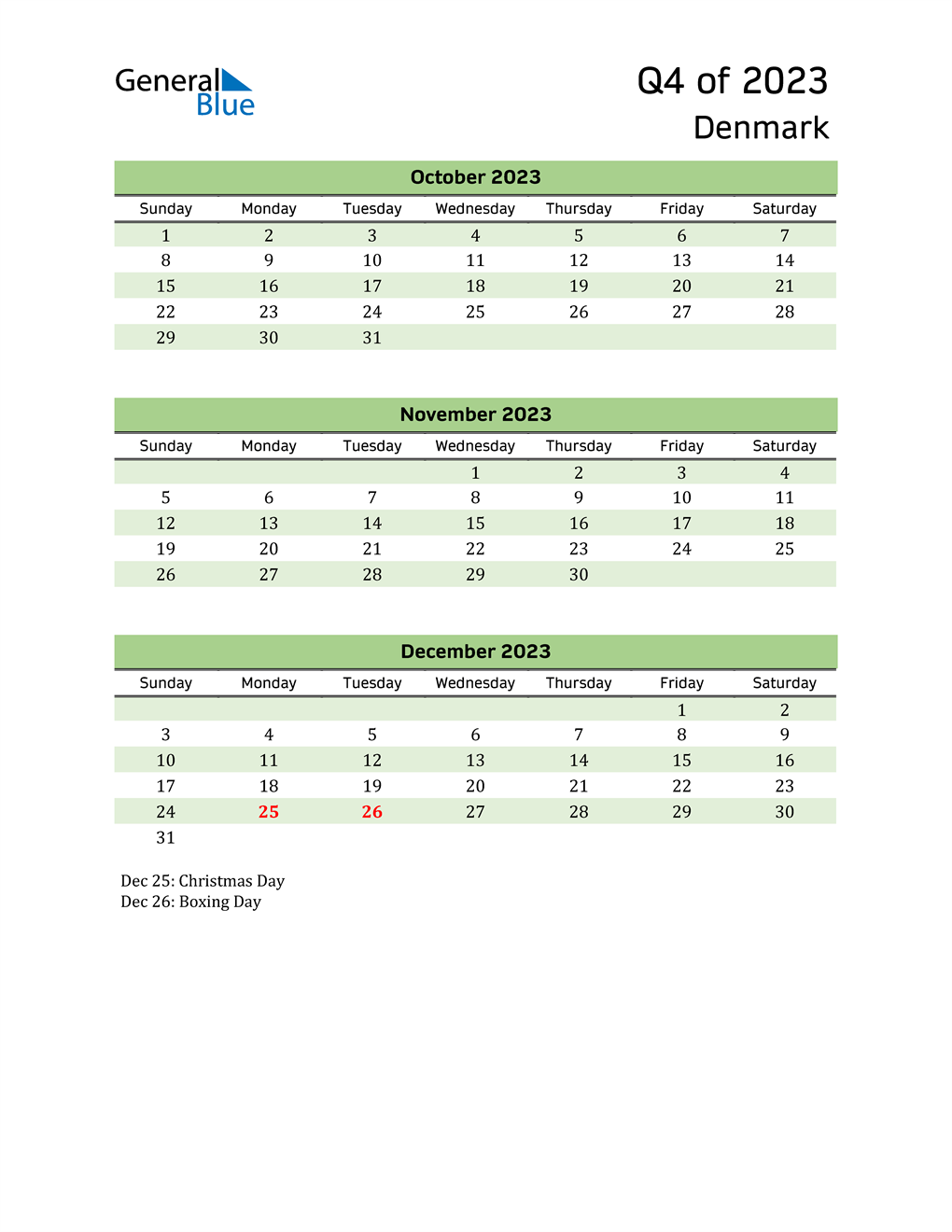  Quarterly Calendar 2023 with Denmark Holidays 