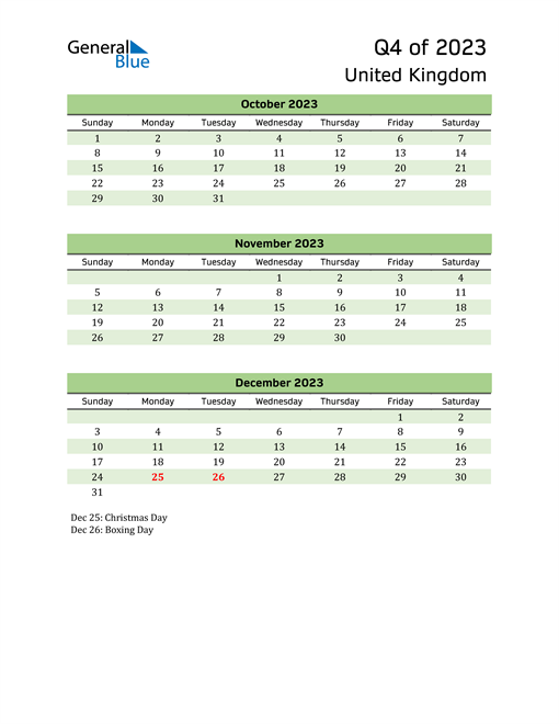  Quarterly Calendar 2023 with United Kingdom Holidays 