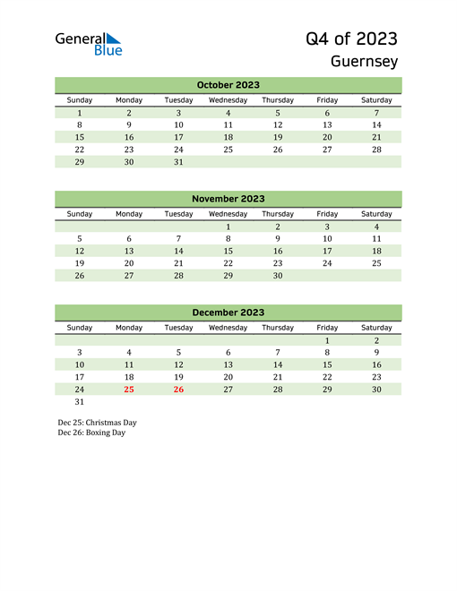  Quarterly Calendar 2023 with Guernsey Holidays 
