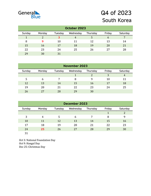 Q4 2023 Quarterly Calendar with South Korea Holidays