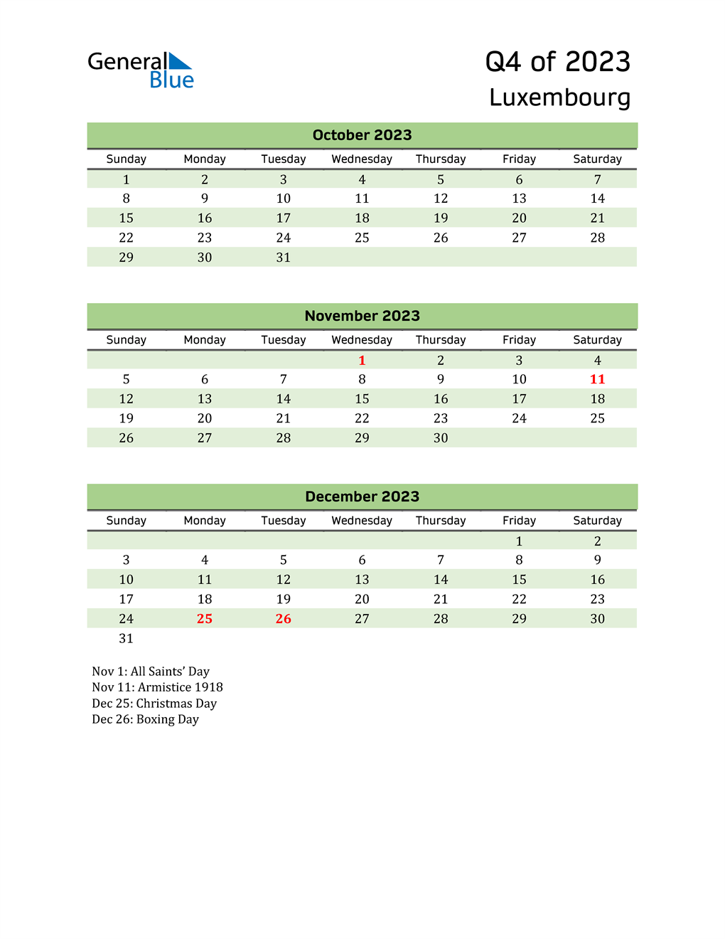 Quarterly Calendar 2023 with Luxembourg Holidays 