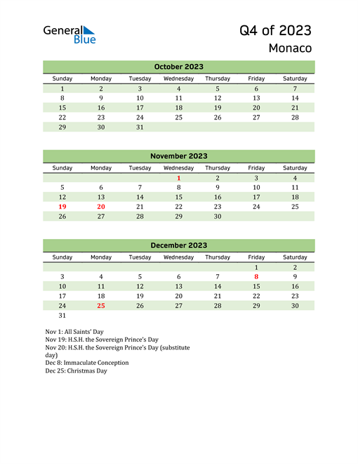  Quarterly Calendar 2023 with Monaco Holidays 