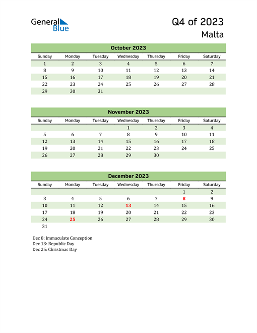  Quarterly Calendar 2023 with Malta Holidays 