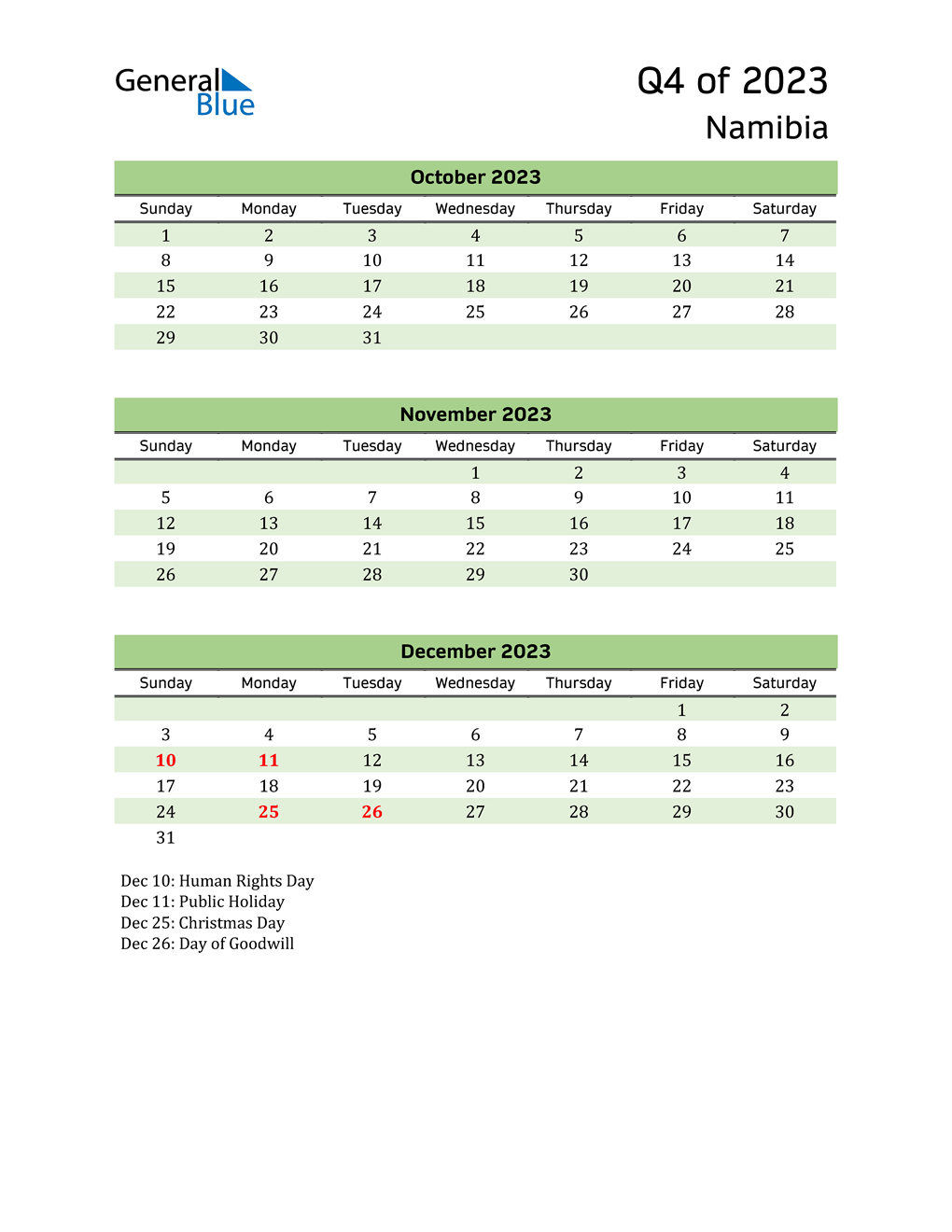  Quarterly Calendar 2023 with Namibia Holidays 