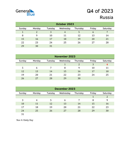  Quarterly Calendar 2023 with Russia Holidays 