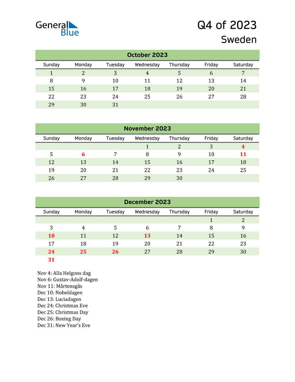  Quarterly Calendar 2023 with Sweden Holidays 