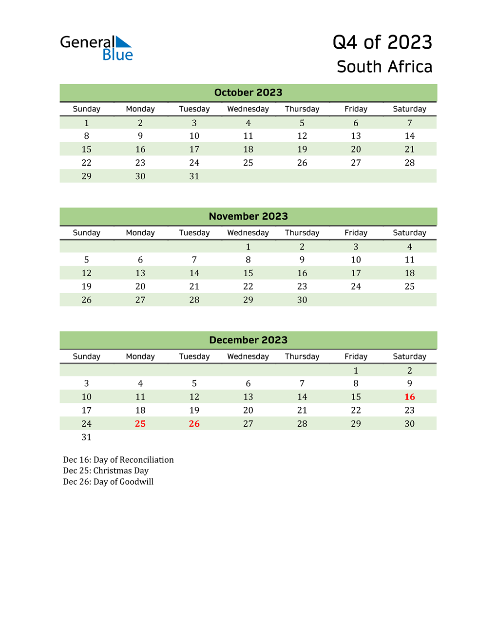  Quarterly Calendar 2023 with South Africa Holidays 