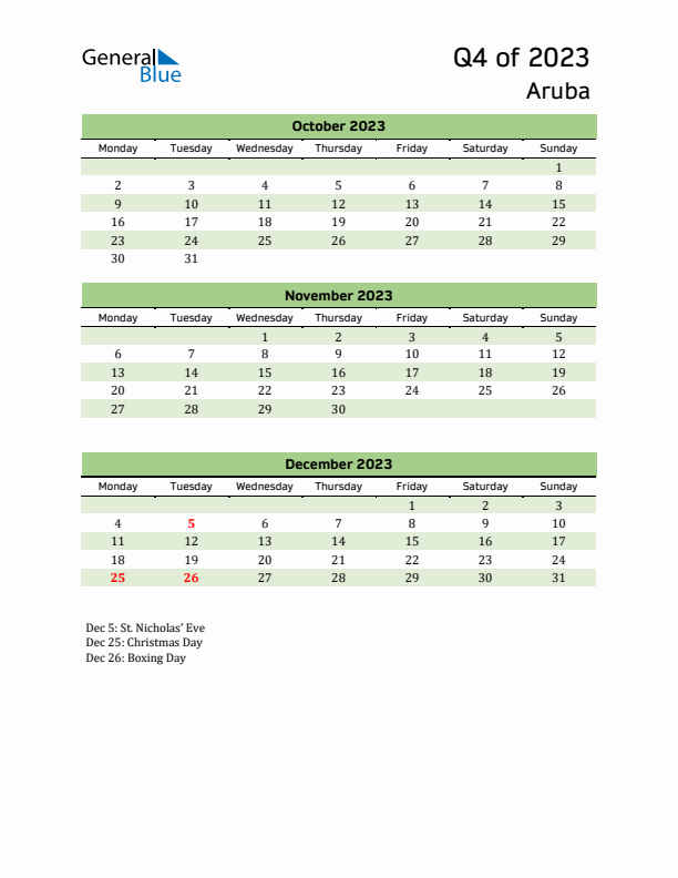 Quarterly Calendar 2023 with Aruba Holidays