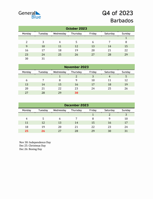 Quarterly Calendar 2023 with Barbados Holidays