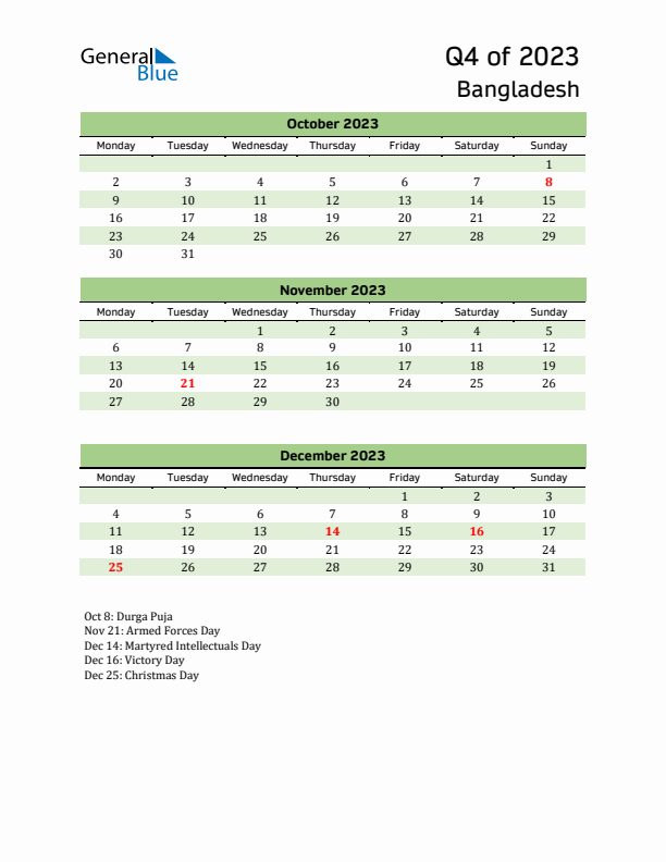 Quarterly Calendar 2023 with Bangladesh Holidays