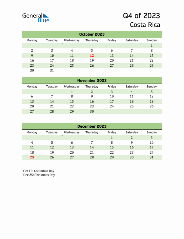 Quarterly Calendar 2023 with Costa Rica Holidays