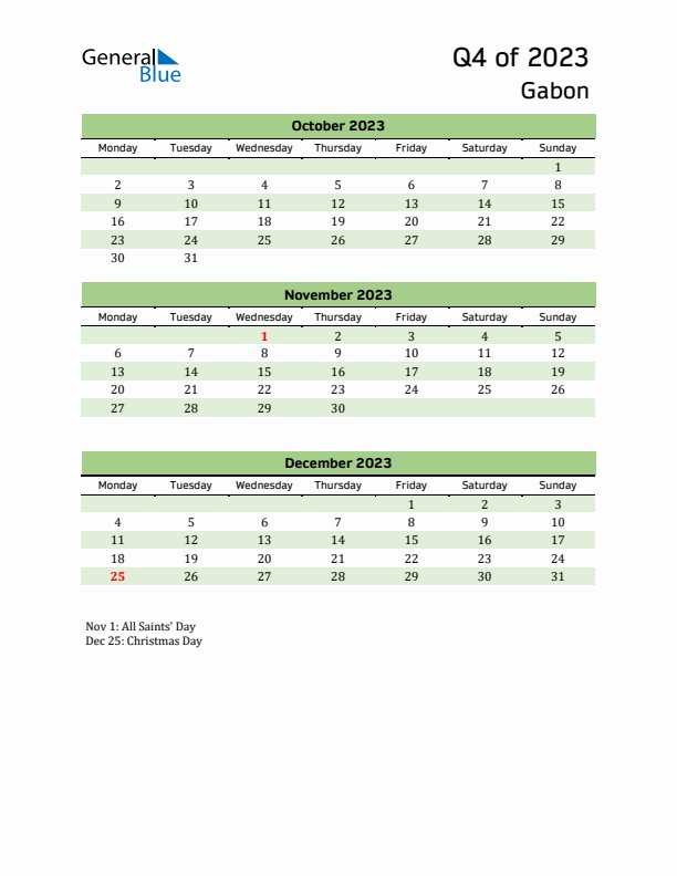 Quarterly Calendar 2023 with Gabon Holidays