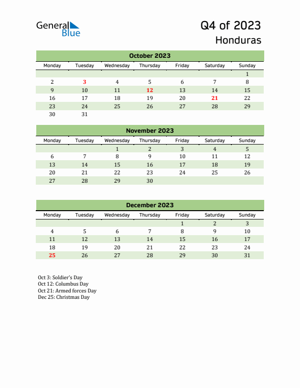 Quarterly Calendar 2023 with Honduras Holidays