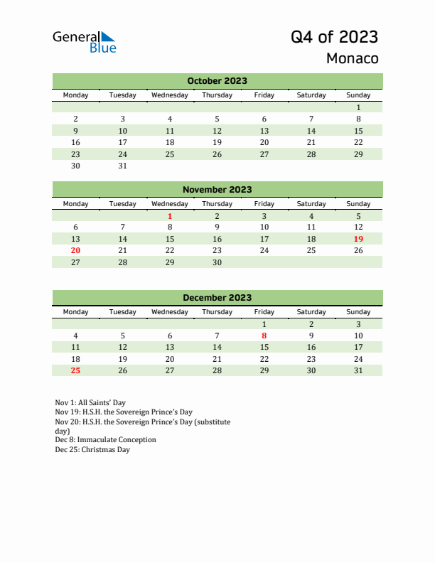 Quarterly Calendar 2023 with Monaco Holidays