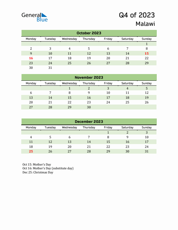 Quarterly Calendar 2023 with Malawi Holidays