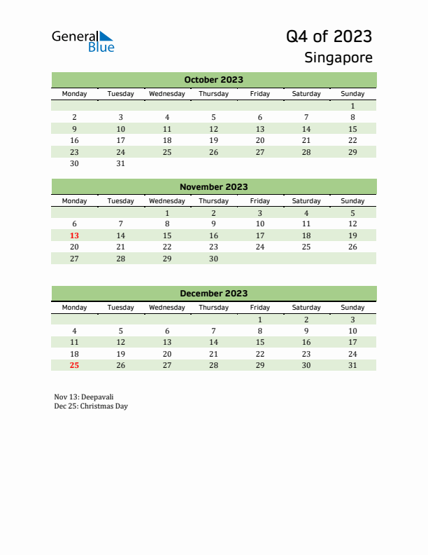 Quarterly Calendar 2023 with Singapore Holidays