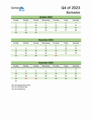 Barbados Quarter 4  2023 calendar template