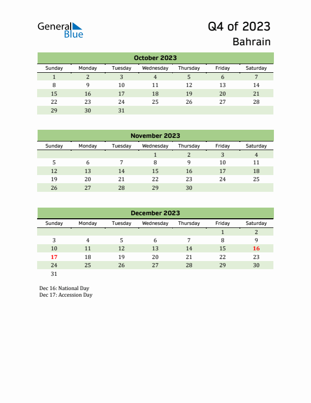 Quarterly Calendar 2023 with Bahrain Holidays