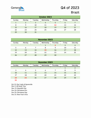 Brazil Quarter 4  2023 calendar template