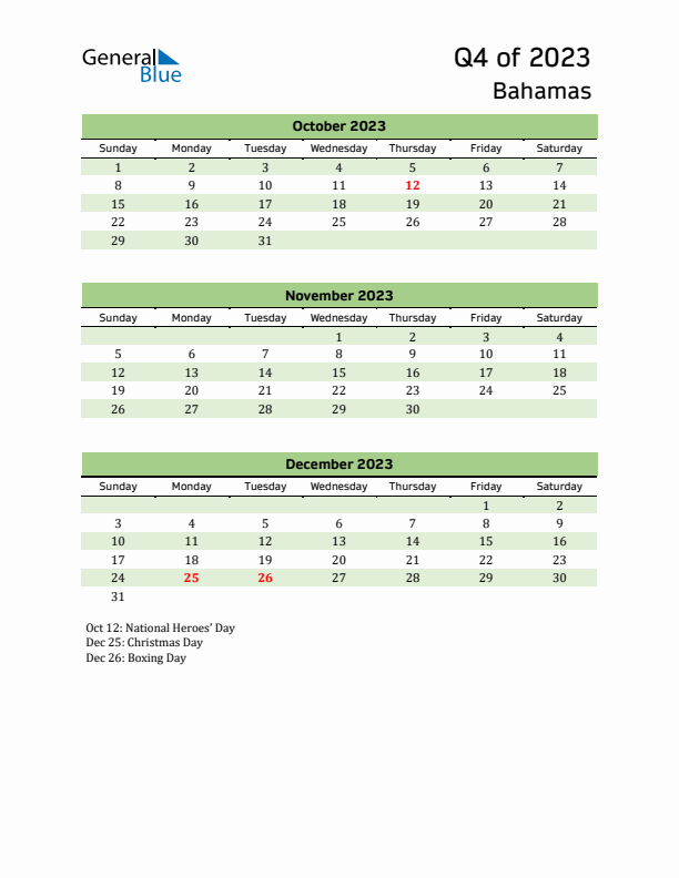 Quarterly Calendar 2023 with Bahamas Holidays