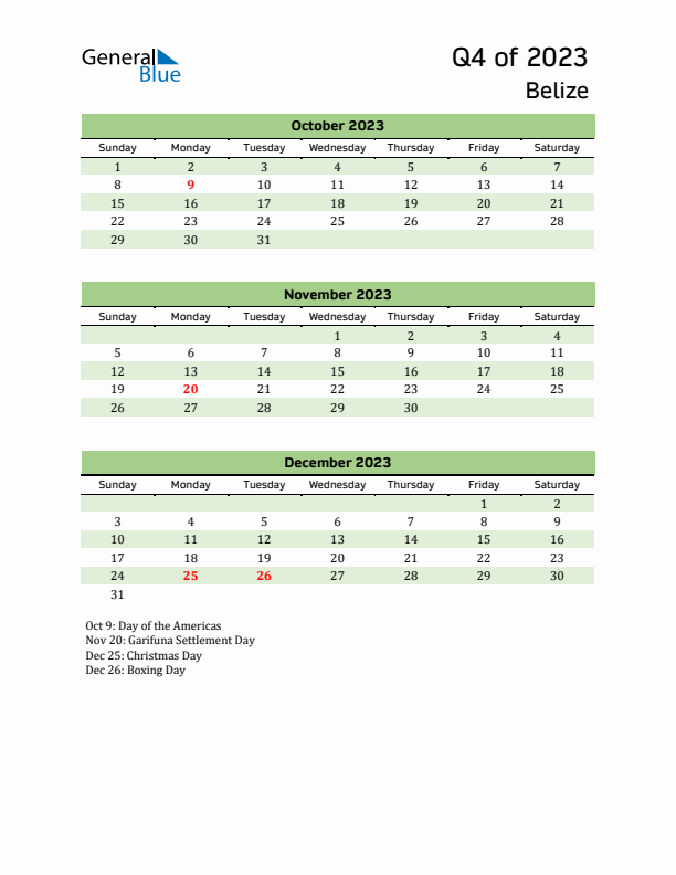 Quarterly Calendar 2023 with Belize Holidays
