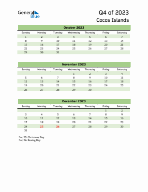 Cocos Islands Quarter 4  2023 calendar template