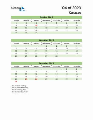 Curacao Quarter 4  2023 calendar template