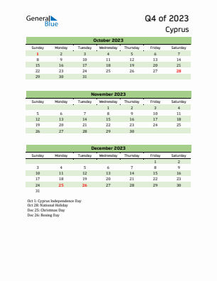 Cyprus Quarter 4  2023 calendar template