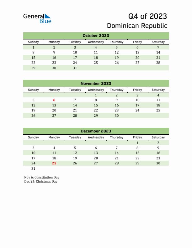 Quarterly Calendar 2023 with Dominican Republic Holidays