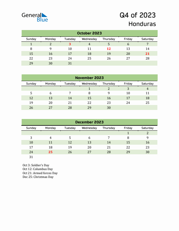 Quarterly Calendar 2023 with Honduras Holidays