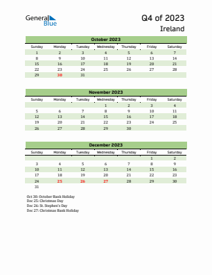 Ireland Quarter 4  2023 calendar template