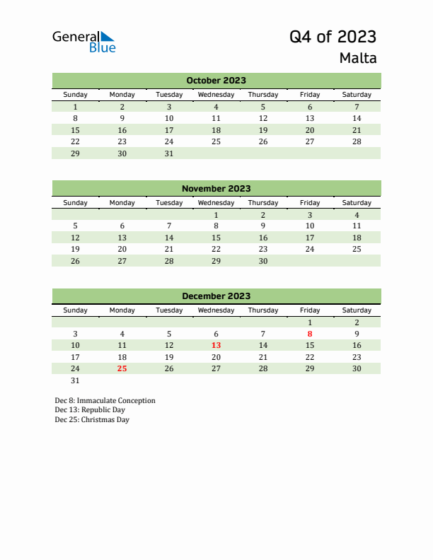 Quarterly Calendar 2023 with Malta Holidays