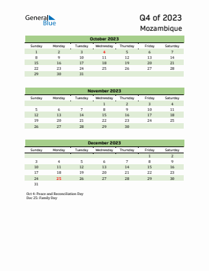 Mozambique Quarter 4  2023 calendar template