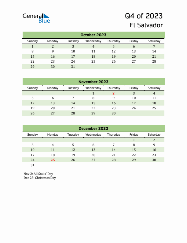 Quarterly Calendar 2023 with El Salvador Holidays