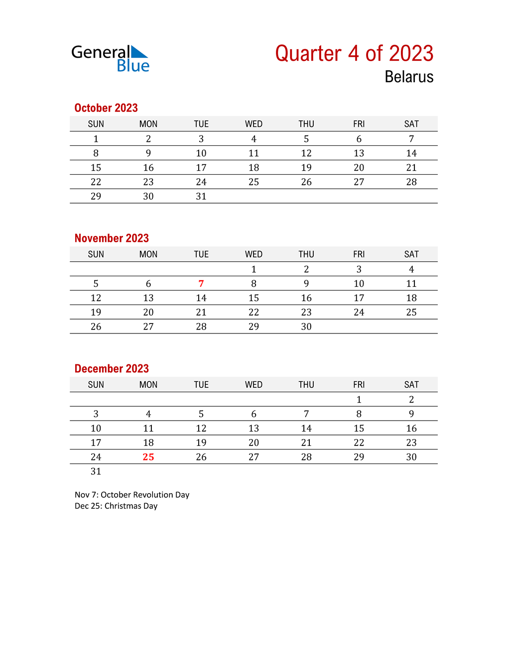  Printable Three Month Calendar for Belarus