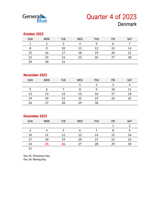  Printable Three Month Calendar for Denmark