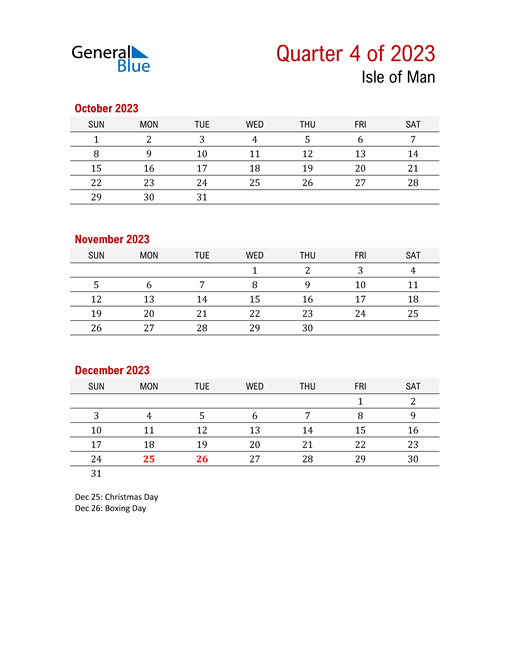  Printable Three Month Calendar for Isle of Man