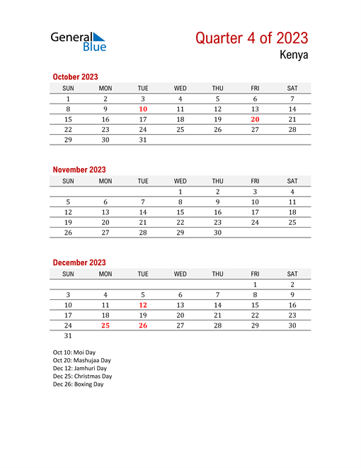 Q4 2023 Quarterly Calendar with Kenya Holidays