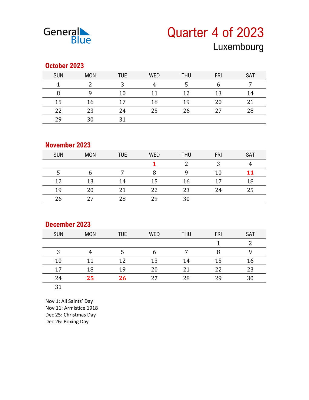  Printable Three Month Calendar for Luxembourg
