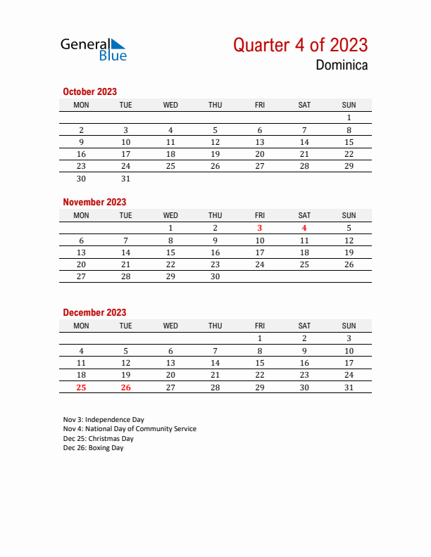Printable Three Month Calendar with Dominica Holidays